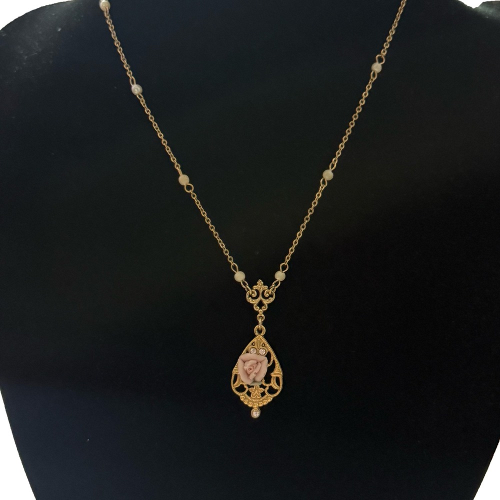 1928 Jewelry Company Gold Tone Pink Rose Filigree Faux Pearl Necklace 16"